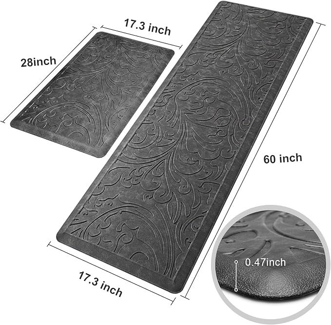 KMAT 2PCS Kitchen Mat Cushioned Anti-Fatigue Floor Mat,Waterproof Non-Slip Standing Mat,Ergonomic Comfort Floor Mat Rug for Home,Office,Sink,Laundry,Desk(17.3"x28"+17.3"x60",Grey)