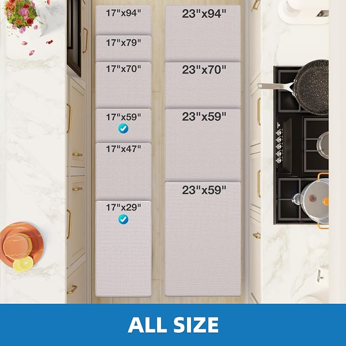 Kitchen Mats for Floor 2 Piece - 17"x29"+17"x59" Anti Fatigue Mats for Kitchen Floor - Non Slip Cushioned Rugs for Standing - Ivory