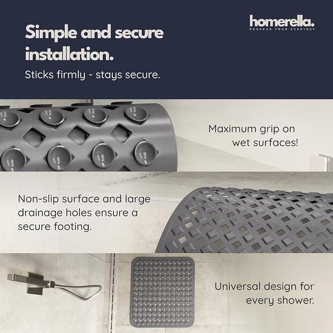 homerella® Shower Mat Non Slip Anti Mold, Non Slip Shower Mats for Inside Shower Stall Anti Slip Mat, Square Shower Floor Mat 21 x 21 in with Suction Cups & Hooks for Quick Drying, Machine Washable