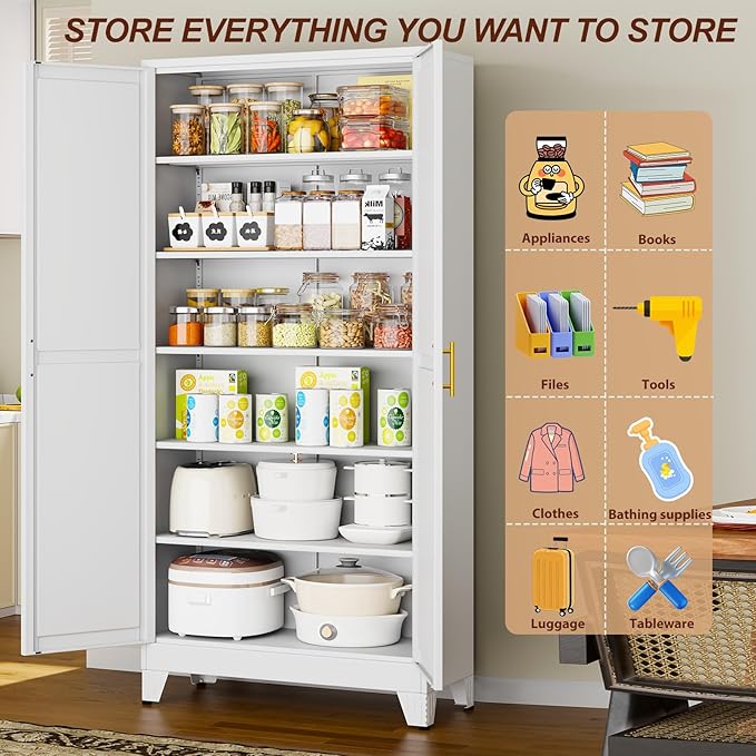 75" White Tall Metal Garage Storage Cabinet with 2 Doors and 5 Adjustable Shelves,Kitchen Pantry Cabinet,File Cabinet,Steel Tool Cabinet for Home,Office,Garage,School,Warehouse