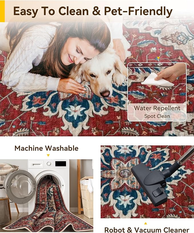 RELEANY Area Rugs Small 2'6"x4' Washable Non-Slip, Floral Vintage Distress Medallion Carpet for Kitchen Entryway Bathroom, Red Blue