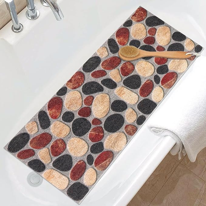 Long Shower Bath Mat Non Slip: Soft Textured Loofah Bathroom Floor Mat for Inside Shower - Multiple Drainage Holes for Quick Drying - 16x39 Inch Extra Long Shower Tray Mat for Walk- in Shower