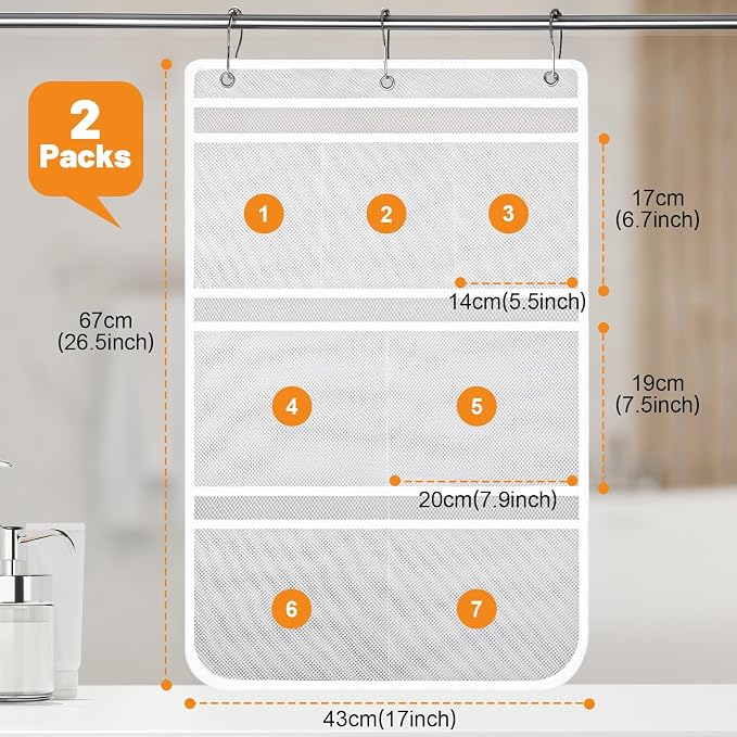 Dntorx 2 Pack Mesh Shower Hanging Caddy, 7 Pockets Hanging Shower Organizer with Metal Loop, Portable Bathroom Bag for Shampoo, Body Wash, Soap, and Cruise Ship Essentials