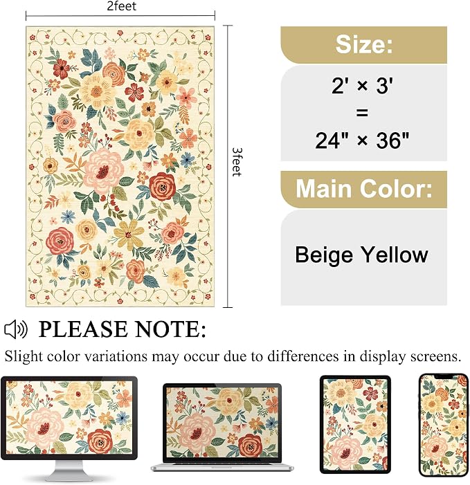 DUKINO 2x3 Rugs for Entryway, Floral Indoor Washable Door Mat, Non Slip Boho Small Rug for Kitchen, Soft Low Pile Front Door Throw Rug for Entrance, Bedroom, Kitchen, Laundry, Bathroom, Beige Yellow