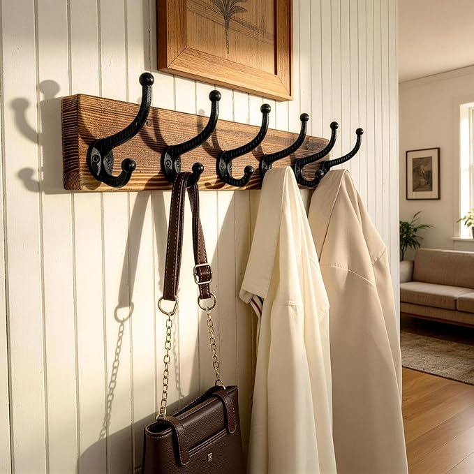 WEBI Rustic Coat Rack Wall Mount,24" Long 6 Cast Iron Coat Hooks Wall Mounted,Heavy Duty Wood Wall Coat Hanger Hooks for Hanging Coats,Jacket,Clothes,Backpack,Farmhouse,Brown