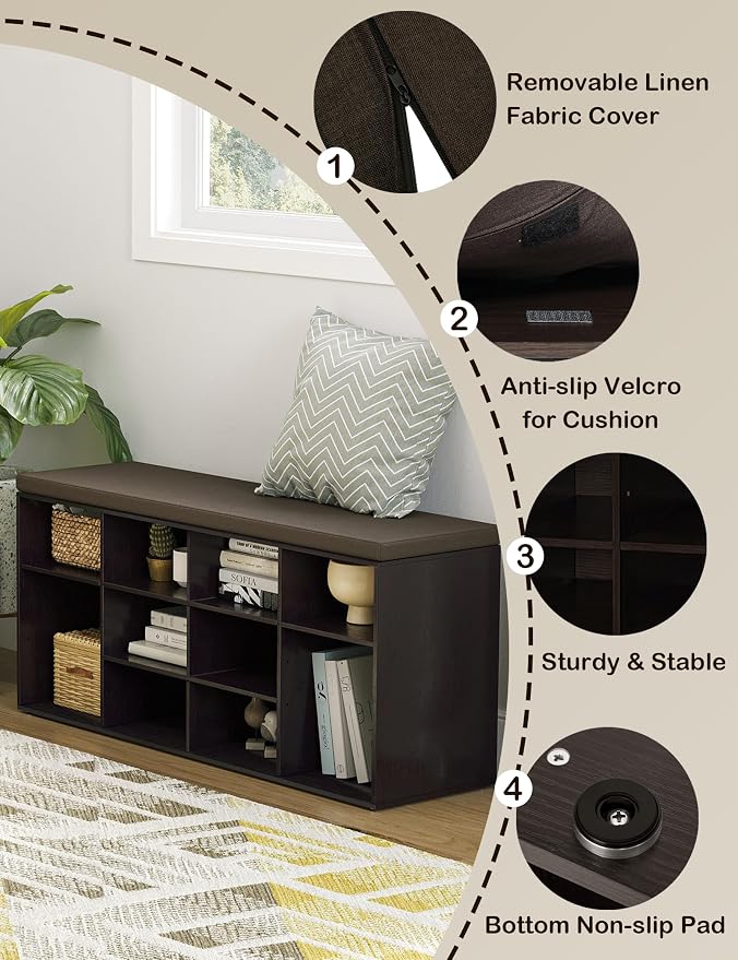 DINZI LVJ Shoe Storage Bench with Cushion, Cubby Shoe Rack with 12 Cubbies, Adjustable Shelves, Multifunctional Shoe Organizer Bench for Entryway, Mudroom, Hallway, Closet and Garage, Espresso