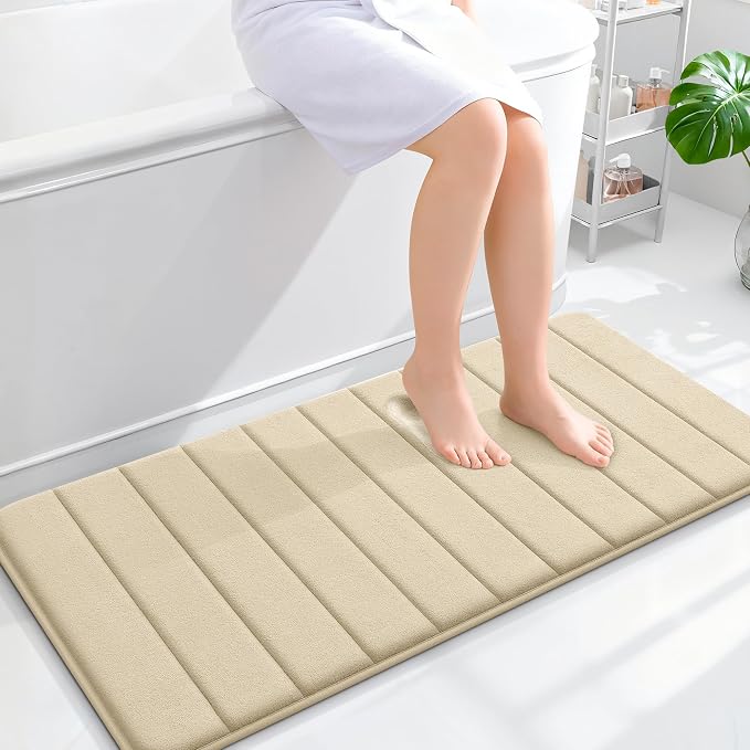 OLANLY Memory Foam Long Bathroom Rugs Runner 44x20, Super Soft Absorbent Bath Mat, Quick Dry, Machine Washable Shower Floor Rugs, Bathmat Carpet, Bathroom Home Decor Accessories, Beige