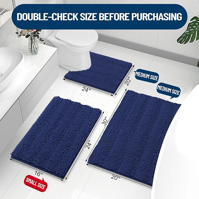 Grandaily Chenille Striped Bathroom Rugs 30x20, Extra Thick and Absorbent Bath Mats, Non-Slip Soft Plush Shaggy Shower Carpet, Machine Wash Dry, Bath Rug for Bathroom, (Medium, Navy)