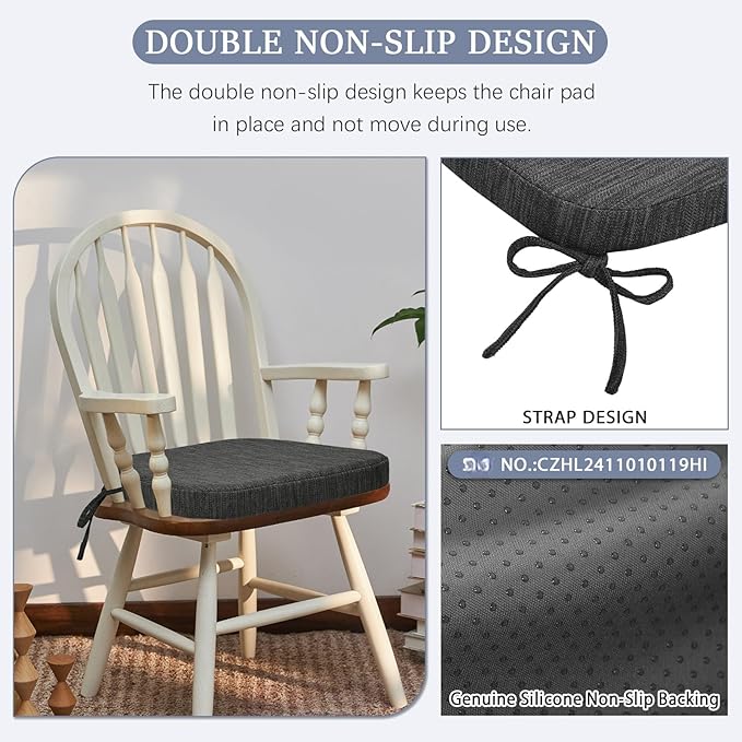 baibu Kitchen Chair Cushions Set of 4, Dual-Layer Patented Design Memory Foam Dining Chair Pads with Ties and Washable Cover, 4 Pack, 17" x 16" x 2", Black