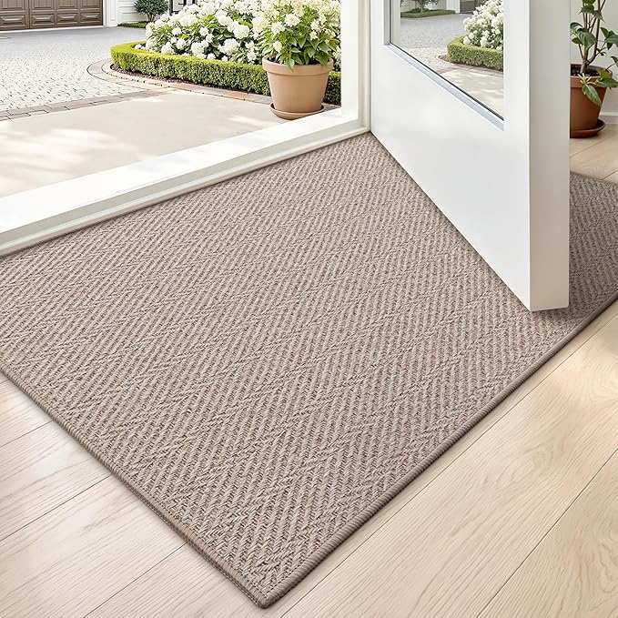 LUMI Ultra Thin Indoor Door Mat for Entrance 17"x30", Non Slip Entryway Mat, Low Profile Doormat, Unique Herringbone Design Carpet for Inside, Patio, Porch, Deep Beige