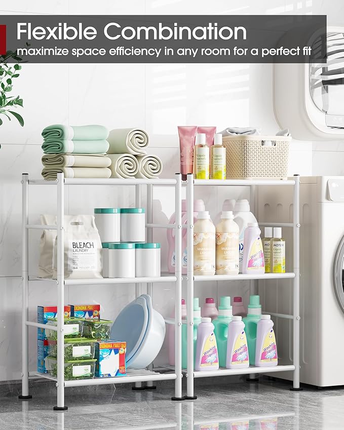 Sakugi Storage Shelves - 3 Tier Shelf Organizer, Sturdy Metal Garage Shelving with Adjustable Leveling Feet, Space-Saving Shelves Organizer for Pantry, Laundry, Kitchen (18" x 12" x 30", White)