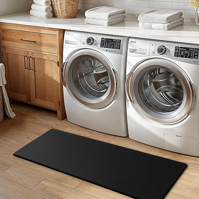GENIMO Kitchen Mats for Floor 2PCs, Washable Anti Fatigue Mat for Cushioned, 17.3"x47"+17.3"x30", Waterproof Kitchen Rugs, Non Slip Comfort Standing Mat Rug for Home, Sink, Laundry, Black