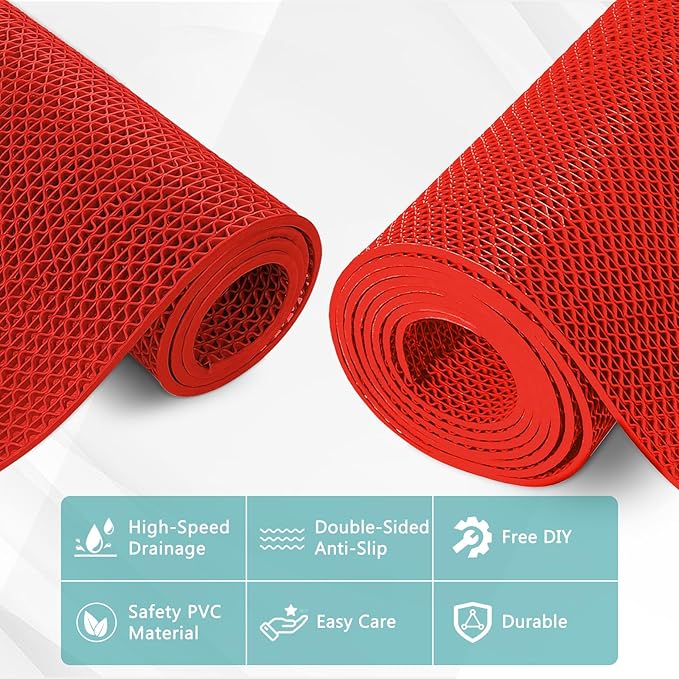 WochiTV Non Slip Drainage Mats PVC Pool Floor Mat 0.23'' Thick Outdoor Indoor Parking Space Mat for Bathroom Garage Basement Backyard Commercial Kitchen 3x3.3Ft Red