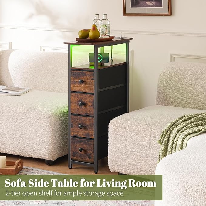 Yoobure LED Narrow Nightstand with Charging Station - Slim Dresser for Bedroom Narrow Side Table Storage Cabinet, Small Dressers Chest of Drawers, Tall Skinny Night Stand End Table for Small Spaces