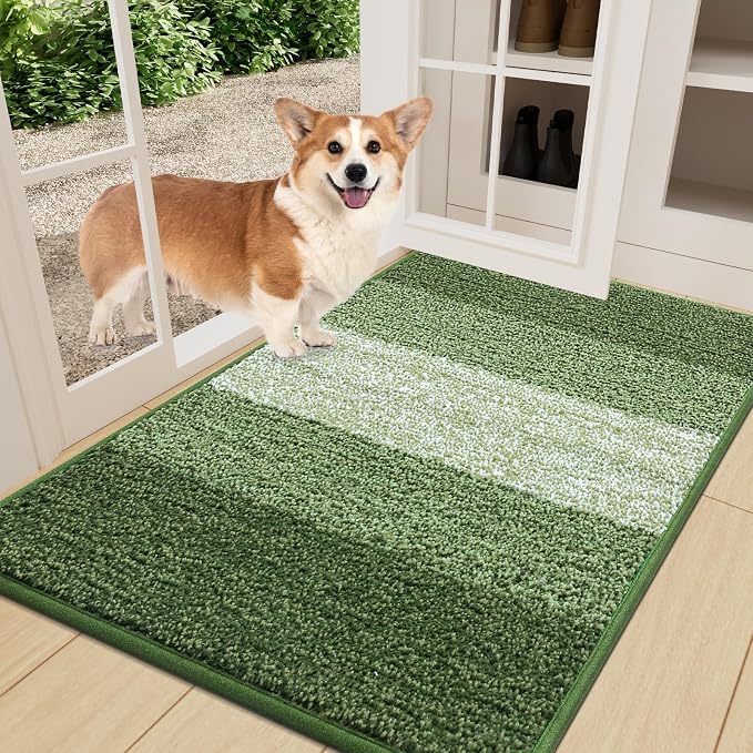 Smiry Dog Door Mat for Muddy Paws, Absorbs Moisture and Dirt, Low-Profile Entryway Mat with Non-Slip Backing, Entry Indoor Outdoor Doormat for Inside Floor (36x24 Inches, Green, Striped)