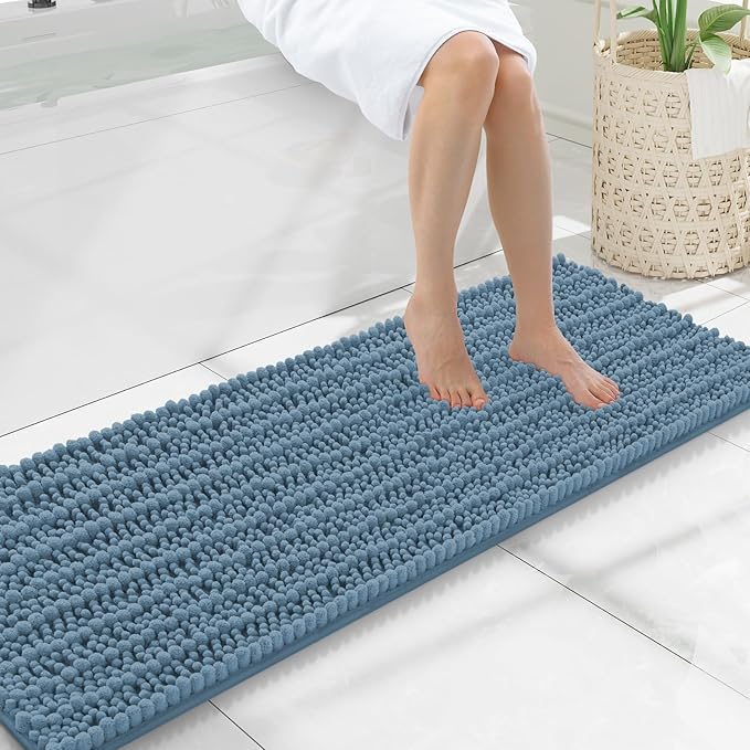 Smiry Bathroom Rugs Mat 47x17, Extra Soft Absorbent Chenille Bath Rugs, Non Slip Rubber Backing Machine Washable Quick Dry Bath Mats for Bathroom Floor, Tub, Shower, Home Accessories, Grayish Blue
