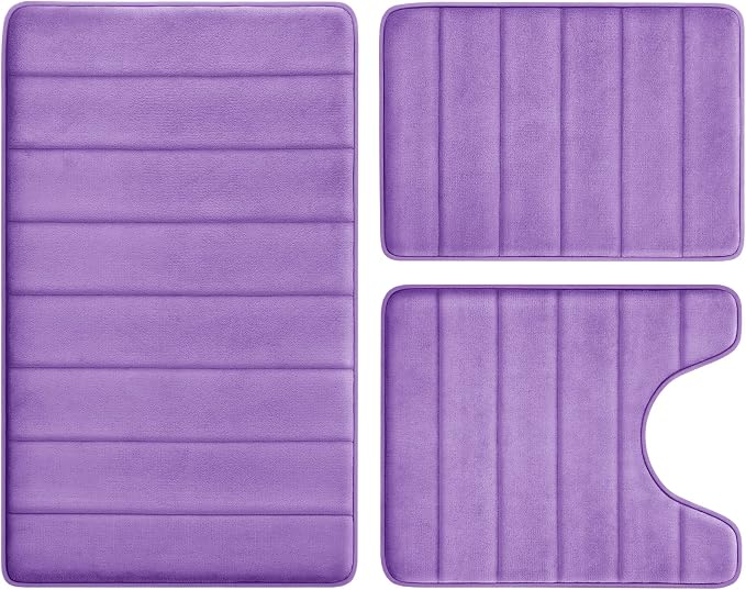 BYSURE Lavender Memory Foam Bathroom Rug Set 3 Piece, Non Slip Extra Soft Absorbent Machine Washable Toilet Bath Toilet Mat (17"x24"+20"x32"+U Shape 20"x24")