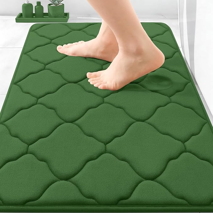 OLANLY Memory Foam Bath Mat Rug 30x20, Ultra Soft and Absorbent Bathroom Rugs, Non-Slip, Comfortable, Machine Washable Bath Carpet for Bathroom Floor, Shower and Home Decor Accessories, Olive Green