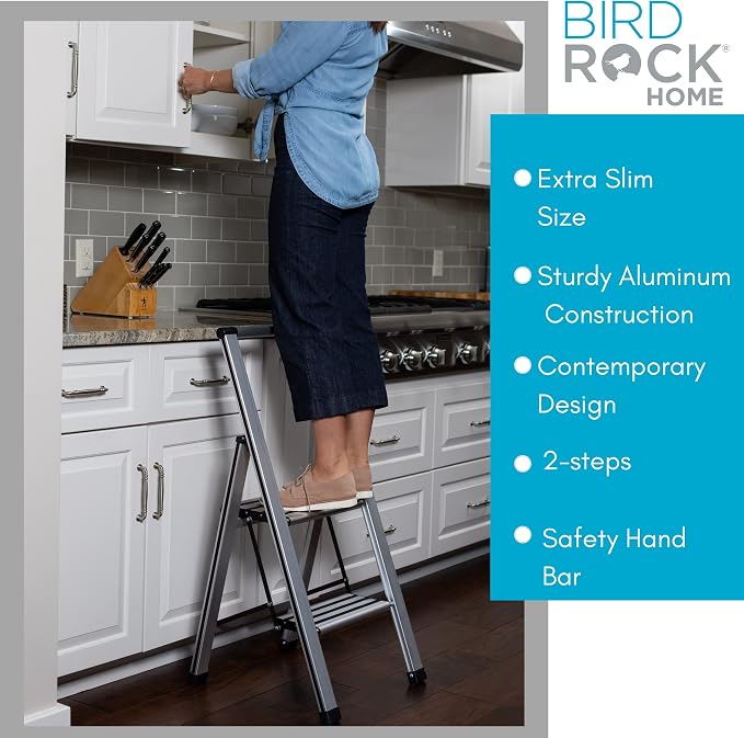 BIRDROCK HOME 2 Step Ladder | Folding Anti-Slip Step Stool, 250 lb Capacity | Lightweight, Slim & Sturdy Design for Household, Kitchen, Garage, Indoor & Outdoor Use | Collapsible, Portable, Heavy-Duty