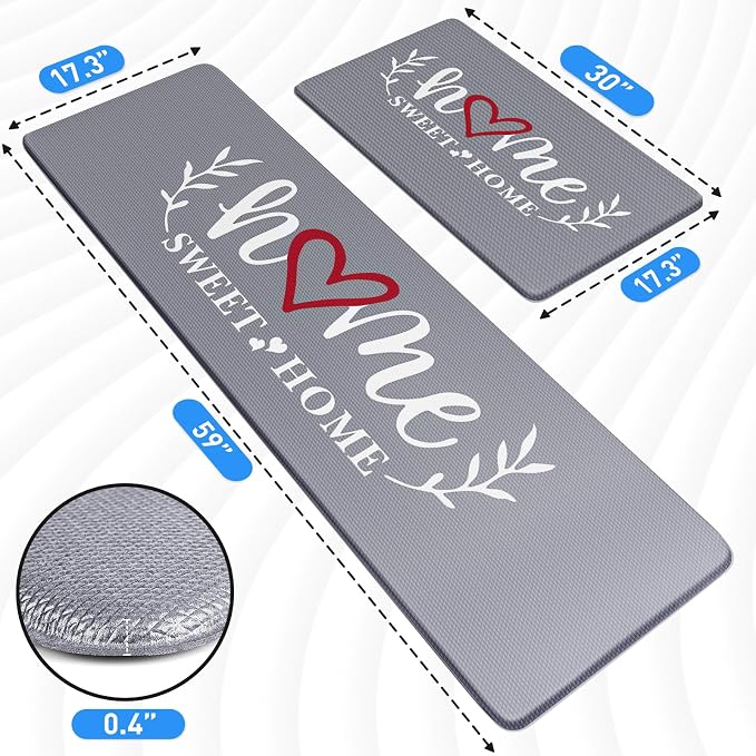 HappyTrends Kitchen Mat for Floor, 2PCS Cushioned Anti-Fatigue Kitchen Rugs, Waterproof Non-Slip Standing Mats and Rugs Set for Kitchen, Office, Laundry, Black, 17.3"×30"+17.3"×59"