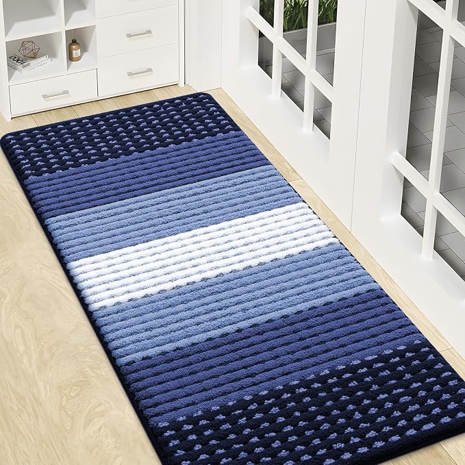 Kitinjoy Indoor Outdoor Door Mat, 47x20 Non-Slip Absorbent Dirt Trapper, Low-Profile Washable Inside Entrance Front Floor Mat, Sturdy Soft Entry Dotted Ombre Doormats for Entryway, Navy Blue