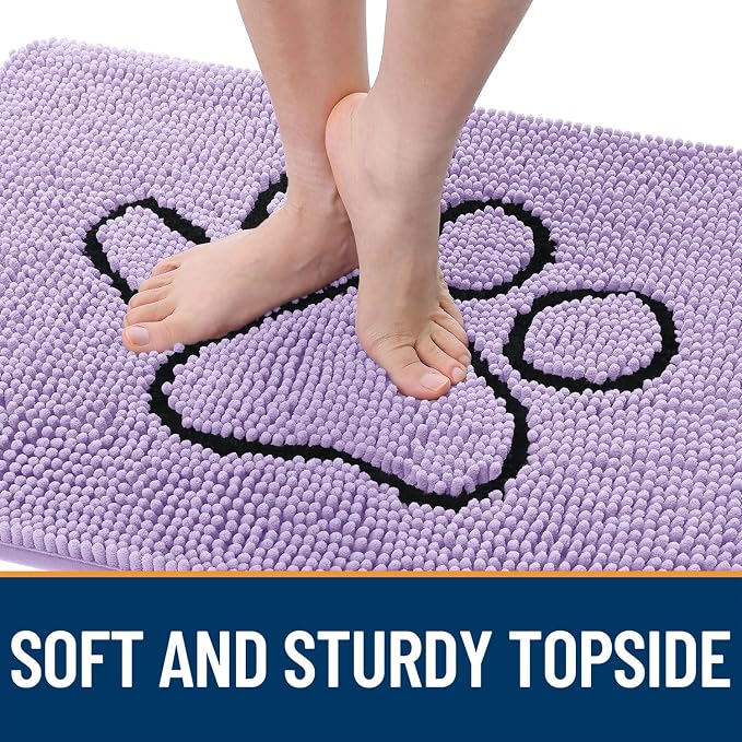 OLANLY Dog Door Mat for Muddy Paws 36x24, Paw Print Design, Absorbs Moisture and Dirt, Absorbent Non-Slip Washable Doormat, Quick Dry Chenille Mud Mat for Dogs, Entry Indoor Entryway Carpet, Lavender