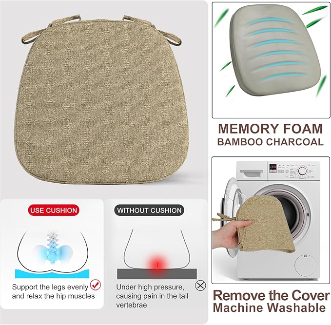 SINOSSO 6 Pack Memory Foam Chair Cushions for Dining Chairs, Friendly Woven Fabric 16" U-Shape Comfortable Kitchen Chair Pads, Removable Slip Resistant Seat Cushions (Set of 6, Linen)
