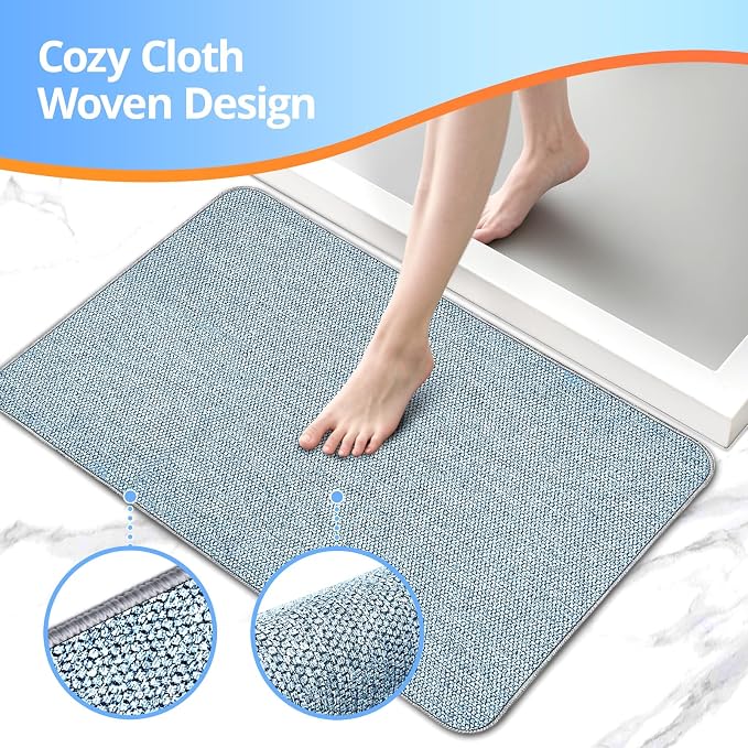 Upgraded Bath Mat 19x30Inch, Thin Bath Mats Rugs with Rubber Backing Non-Slip, Absorbent,Quick Dry Machine Washable, Home Decor Accessories Cozy Cloth Bathroom Rugs fit Under Door/Sink/Tub/Shower-Blue
