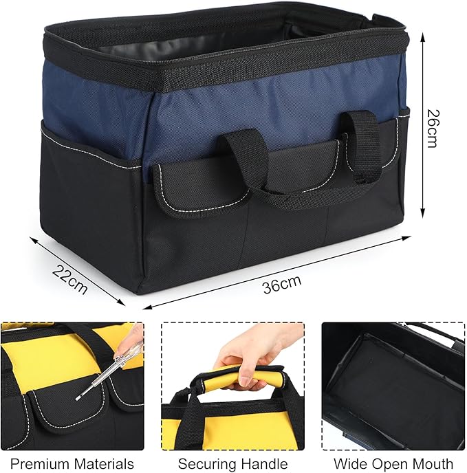 Sanwuta 3 Pack Tool Bag for Men with Waterproof Hard Bottom, Heavy Duty Tool Bag Wide Mouth Tote for Various Instrument, Electrician Carpenter Mechanic (Blue, Red, Yellow,16 Inch,Side Pockets)