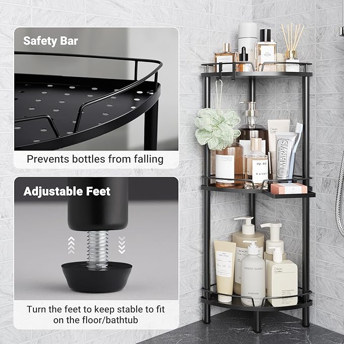 ELYKEN Corner Shower Caddy Standing, 3 Tier Rustproof Metal Shower Organizer with Soap Holder, Floor Shower Corner Shelf Rack Storage Stands with Adjustable Feet & 2 Hooks for Bathroom, Black