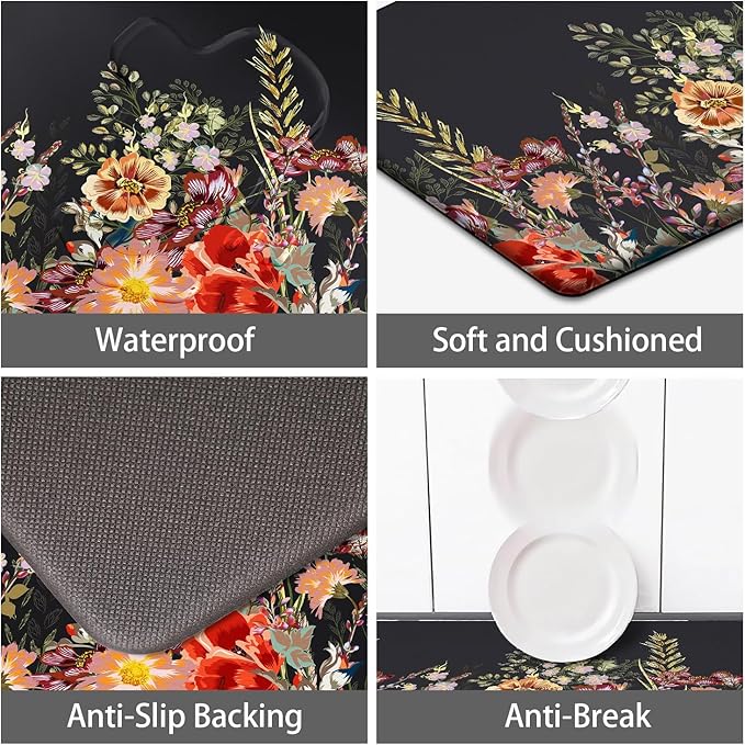 MAYHMYO Kitchen Rug Anti Fatigue Kitchen Mat Cushioned Black Floral Plants Cute Vintage Kitchen Rugs Non Skid Waterproof Kitchen Rugs and Mats for Floor Laundry Standing Desk Sink