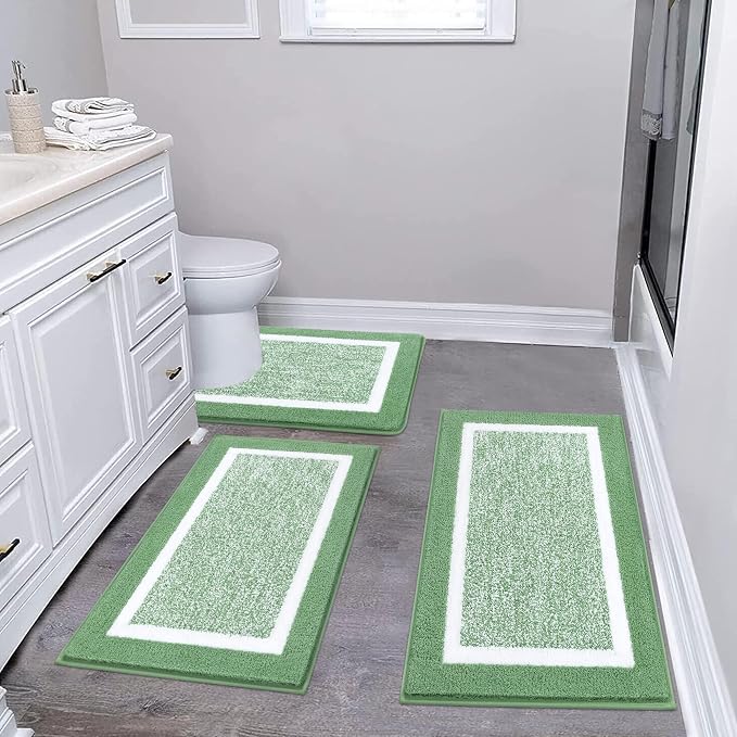 Pauwer Bathroom Rugs Sets 3 Piece Bathroom Shower Rugs with U-Shaped Contour Toilet Mat Absorbent Microfiber Plush Bath Mats Non Slip Bath Rugs Machine Washable Shaggy Floor Mats, Green