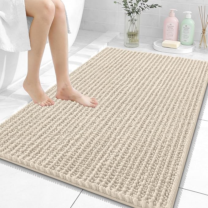 OLANLY Bathroom Rug Mat 40x32, Thick Soft and Absorbent Chenille Bath Mat, Non-Slip Rubber Backing, Machine Washable Quick Dry Bath Rugs for Tub Shower Floor, Home Decor Accessories, Sand