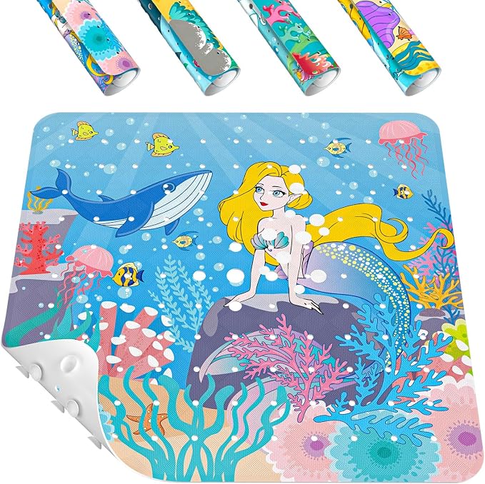 HITSLAM Square Shower Stall Mat Anti Slip, Quick Dry 21x21 Inch Bathtub Floor Mat for Kids with Suction Cups and Drainage Holes, Machine Wash, Soft on Feet, Mermaid