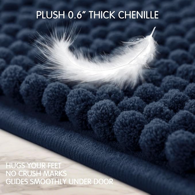 SUBRTEX Bathroom Rugs, 20" x 32" Chenille Bath Rug Soft Short Plush Bath Mat Soft Shower Mat Water Absorbent Shower Mat Quick Dry Machine Washable, Navy