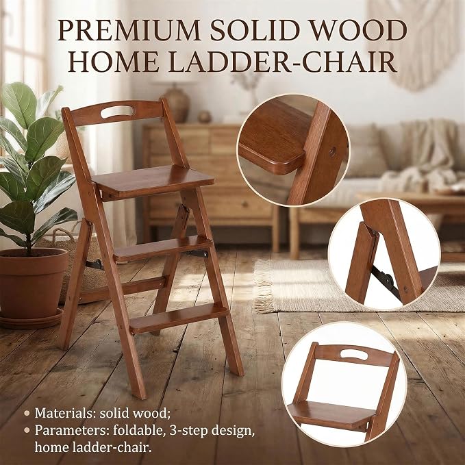 Baveke 3 Step Ladder Folding Step Stool with Handle, Wooden Step Stool Foldable and Kitchen Step Stools for Adults, Closet Stepstool & Collapsible Stool for Kitchen, Home, Indoor（FSC-Certified Bamboo）