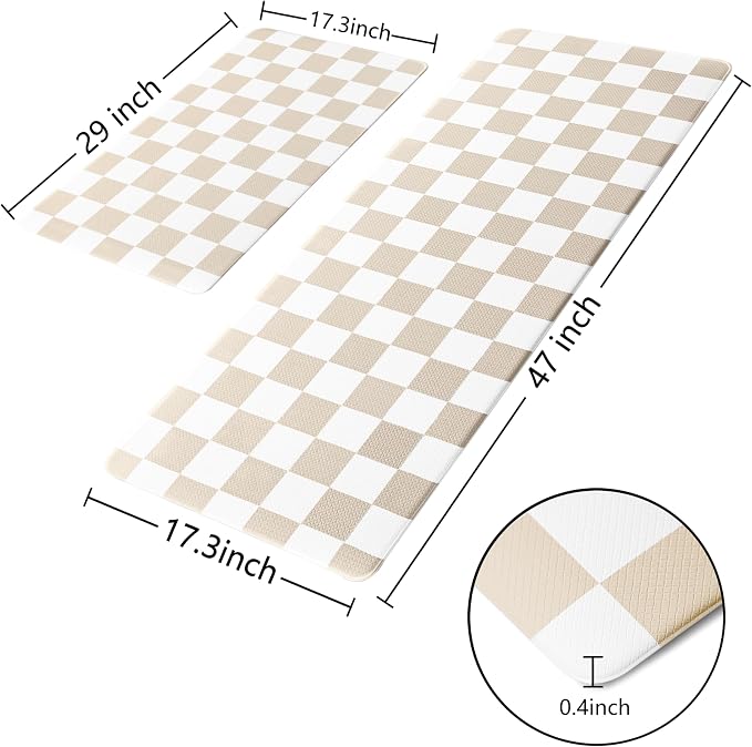 Cream Checkered Grid Checkerboard Kitchen Rug Sets [2 PCs], Anti-Fatigue, Waterproof Non-Slip Kitchen Mats Heavy Duty Ergonomic Comfort Foam Rug for Floor, Home, Laundry,17"x29"+17"x47"