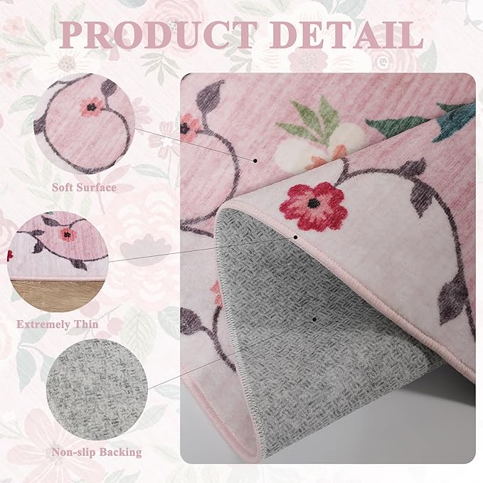 DUKINO 3x5 Area Rug, Floral Rugs for Living Room, Lightweight Non Slip Washable Rug, Indoor Low Pile & Non-Shedding Boho Design Rugs for Bedroom, Living Room, Dining Room, Pink
