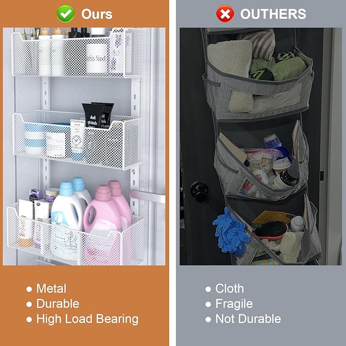 VyGrow Over The Door Organizer, Metal Door Organizer Hanging with 5 Adjustable Baskets and Coat Hook, Behind The Door Storage for Bedroom Closet Bathroom Pantry Cabinet Kitchen, White