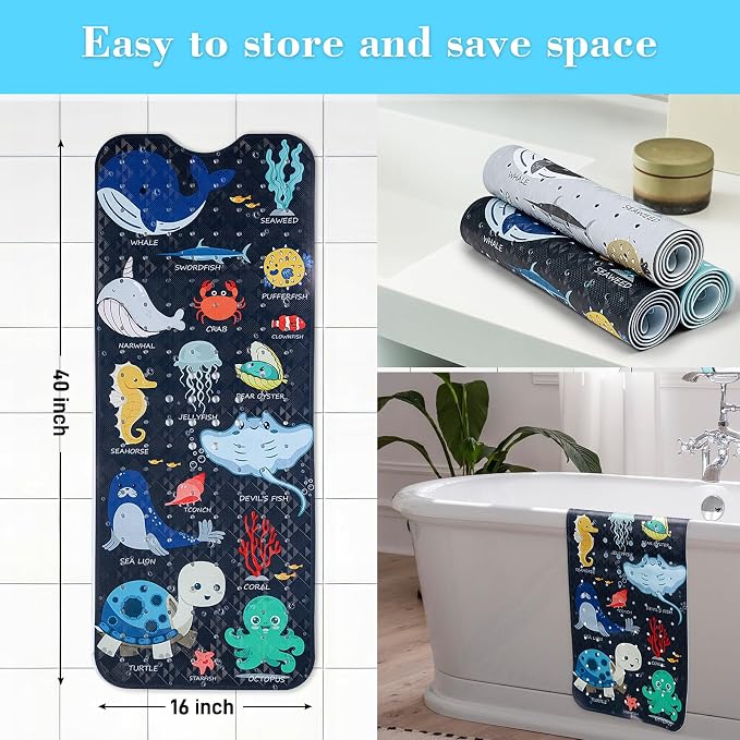 Secopad Bath Mat for Tub Non Slip, Machine Washable Anti-Slip Cartoon Baby Bathtub Shower Mat with Drain Holes and Suction Cups for Toddler & Kids, 40 Inch x 16 Inch, Navy Sea Animals