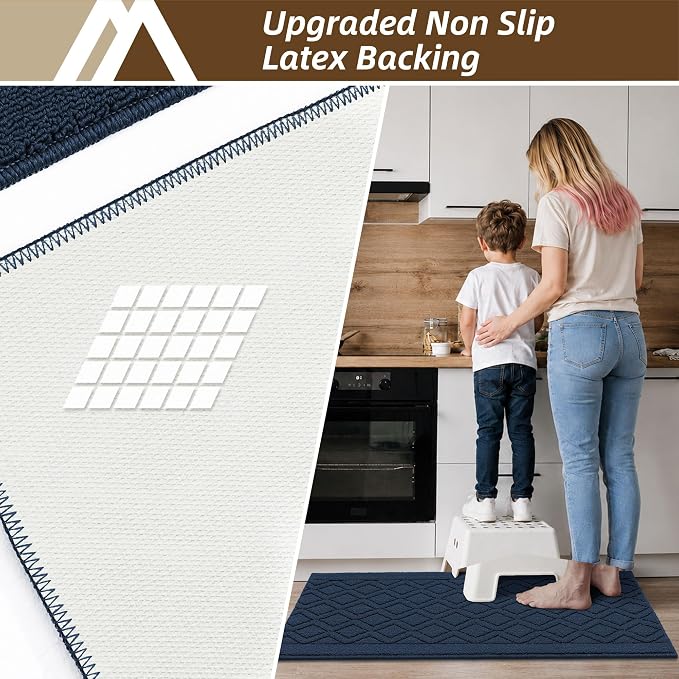 COSY HOMEER 48x20Inch/30X20Inch Kitchen Rugs Sets Non-Slip Washable Kitchen Mats for Floor Polypropylene Absorbent Kitchen Runner for Kitchen Sink Hallway Entryway,Navy Blue