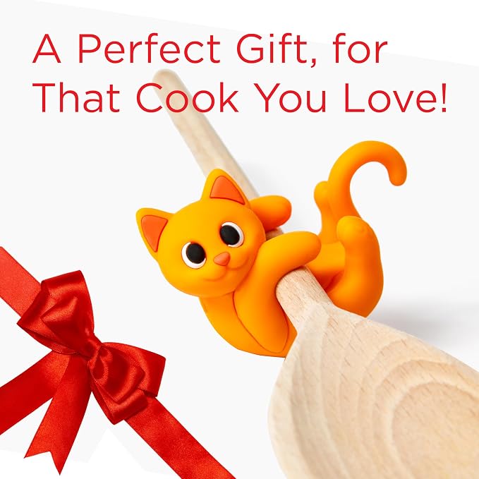 Orange Cat Spoon Rest for Stove Top – Silicone Pot Clip Utensil Holder & Lid Lifter – Funny Kitchen Gadget, Unique Orange Tabby Cat Gifts for Women – 3" x 2.5"