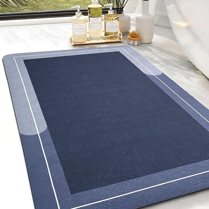 Large Bath Mat Rug, Rubber Non Slip Bath Mat Super Absorbent Quick Dry Bathroom Floor Mat Thin Bathroom Rugs Fit Under Door-Shower Rug for in Front of Bathtub Shower, Blue, Easy to clean, 23.6"x35.4"