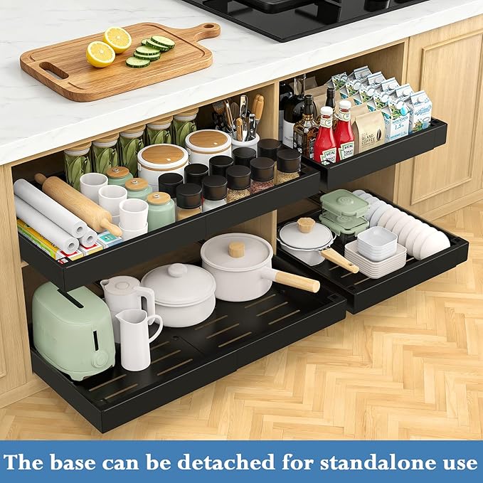 Aisslro Under Sink Organizer, 2 Tier Under the Sink Storage, Expandable Adjustable Slide Out Pull Out Under Cabinet Organizers Shelf, for Kitchen Bathroom Pantry Closet Organization, Black