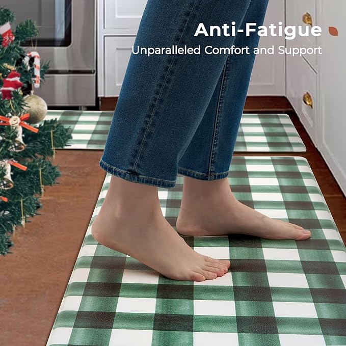 FRESHMINT Modern Farmhouse Plaid 2 Piece Set Kitchen Mats for Floor Anti Fatigue Waterproof & Non-Skid Kitchen Rugs Cushioned Kitchen Mat for Standing Washable Comfort Desk Kitchen Runners