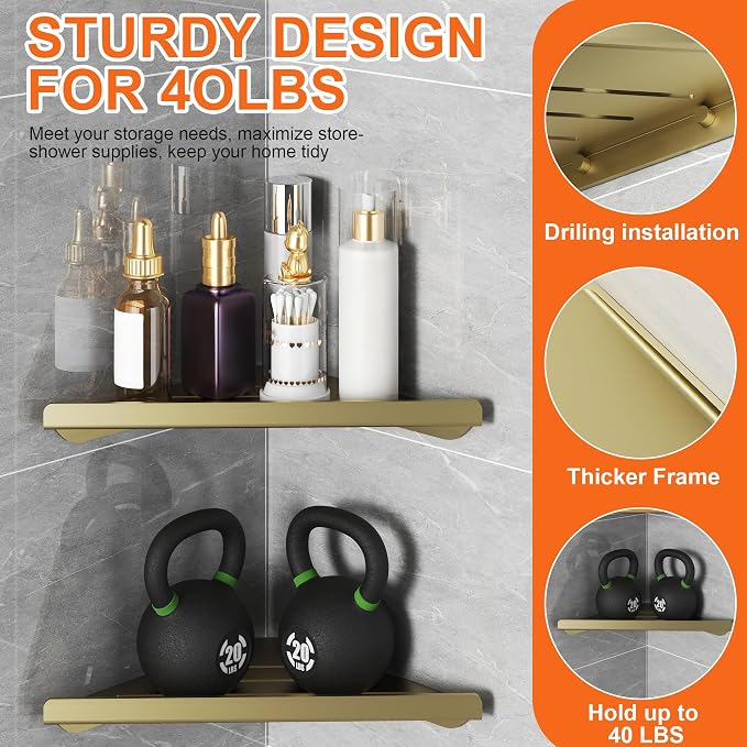 Corner Shower Shelves, 2-Tier Triangle Gold Shower Candy, 304 Stainless Steel Corner Shelf Will not Rust, Wall Mounted Caddy Shelves Easy to Install,Bathroom Storage Shelf for Toilet
