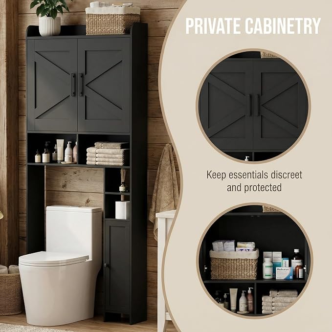 Homhedy Over The Toilet Storage Cabinet with 2 Barn Door and Toilet Paper Holder Stand, FreeStanding Toilet Shelf Space Saver, for Bathroom, Restroom, Laundry, Black