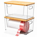Trash Bag Holder 2 Pack, Stackable Garbage Bag Dispenser with Bamboo Lid, Extra Large Trashbag Dispenser for 13/30/33 Gallon Bags, Clear Organizer for Under Sink Kitchen Laundry Room