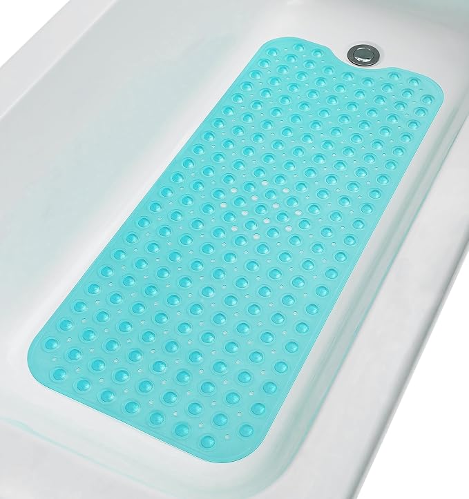 Extra-Long Non-Slip Bathtub & Shower Mat 39”x16” (Smooth/Non-Textured Tubs Only) Safe, Clean, Machine-Washable, Superior Grip&Drainage, Vinyl, Transparent Turquoise (Green-Blue)