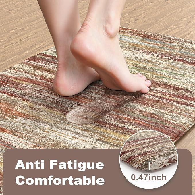 KIMODE Anti Fatigue Kitchen Mats, Farmhouse Kitchen Rugs Sets of 2, Non Slip Kitchen Mats for Floor, Cushioned Kitchen Floor Mats for Sink Laundry Office Desk Red Brown 17"x47"+17"x29"
